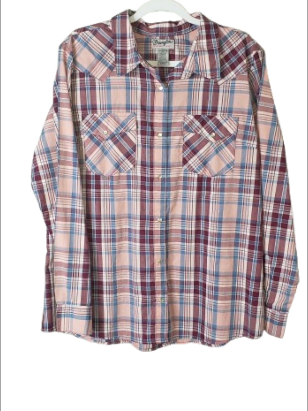 Vintage Wrangler Wrancher Shirt Womens XL Pink Red Plaid Pearl Snap Y2K Cowgirl